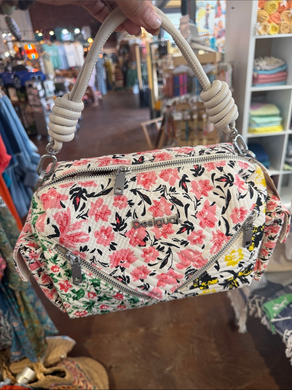 Desigual Cream Satchel with Pink Floral Print and Green & Yellow Accents
